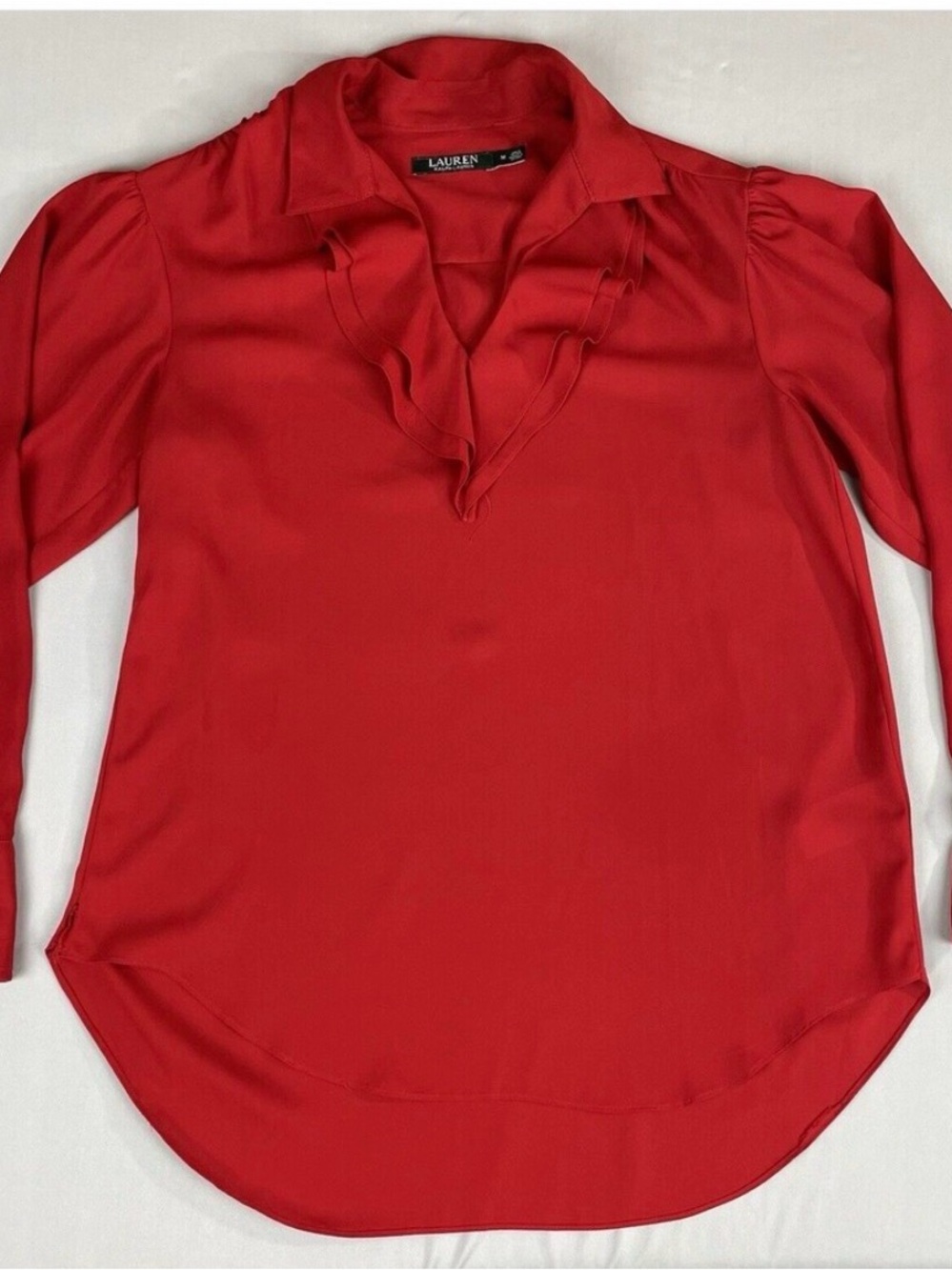 Ralph Lauren Red Ruffle V-Neck Long Sleeve Blouse